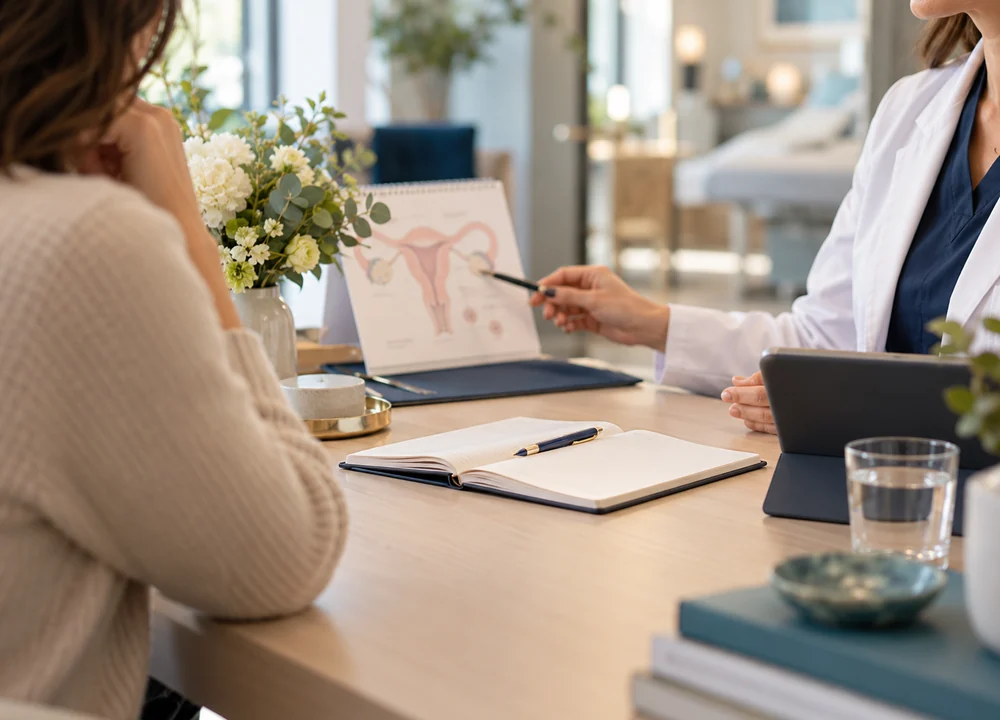 Fertility consultation with a clinician discussing an anatomical diagram