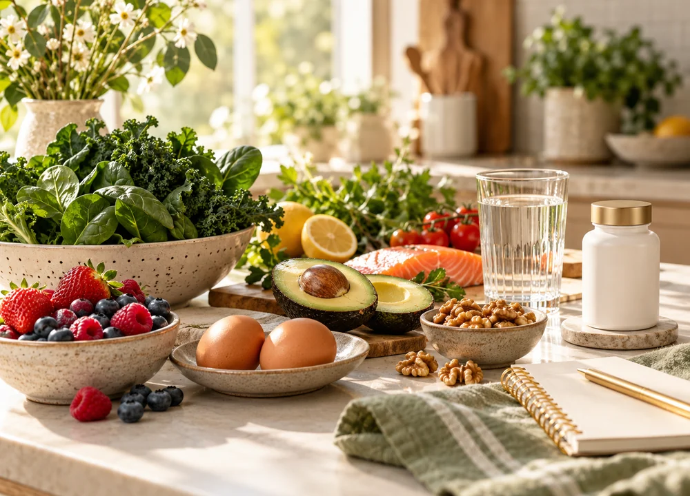 Whole foods, water and a plain supplement bottle on a sunlit kitchen counter
